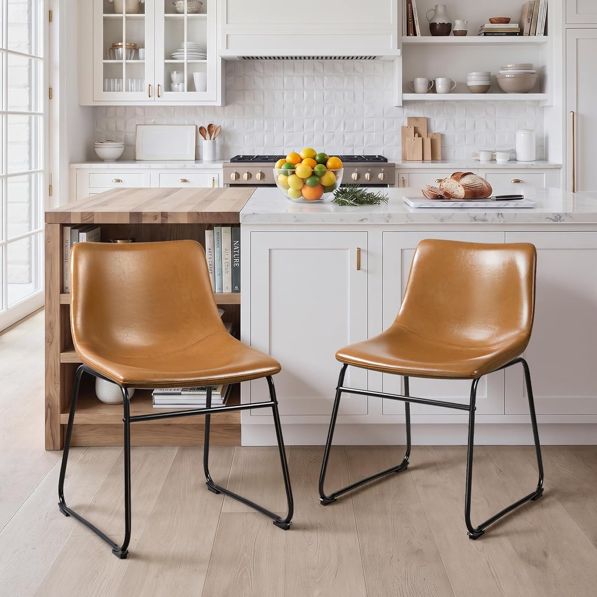 Waleaf 18 inch Faux Leather Dining Chairs Set of 2,Modern Crazy Horse Counter Height Bar stools with Metal Leg and Footrest for Kitchen Island