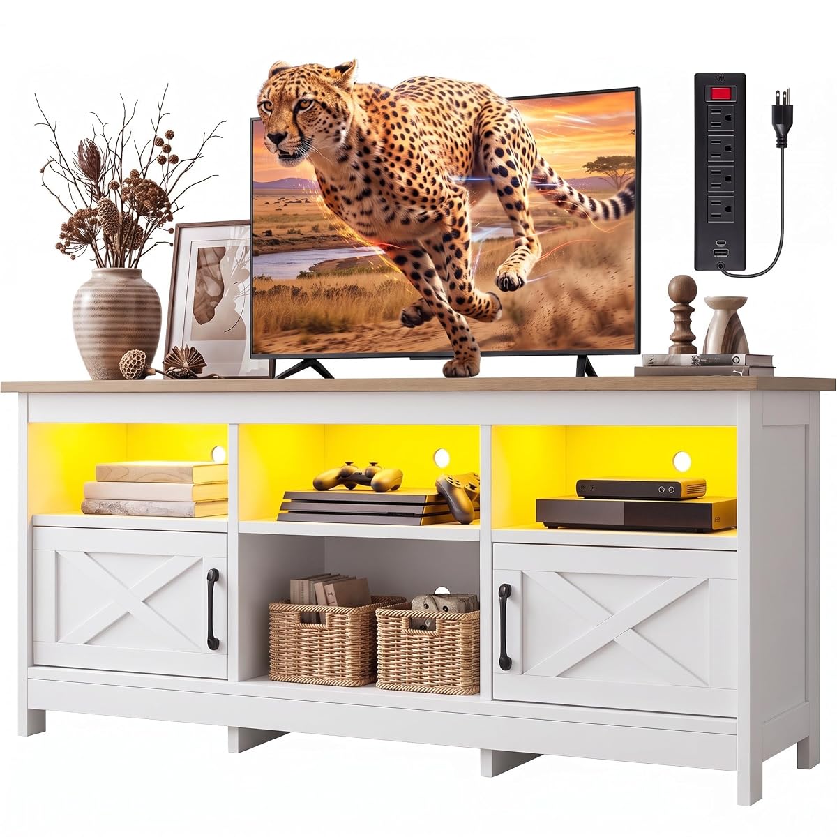 White & Walnut TV Console, Farmhouse, for 65" Screens