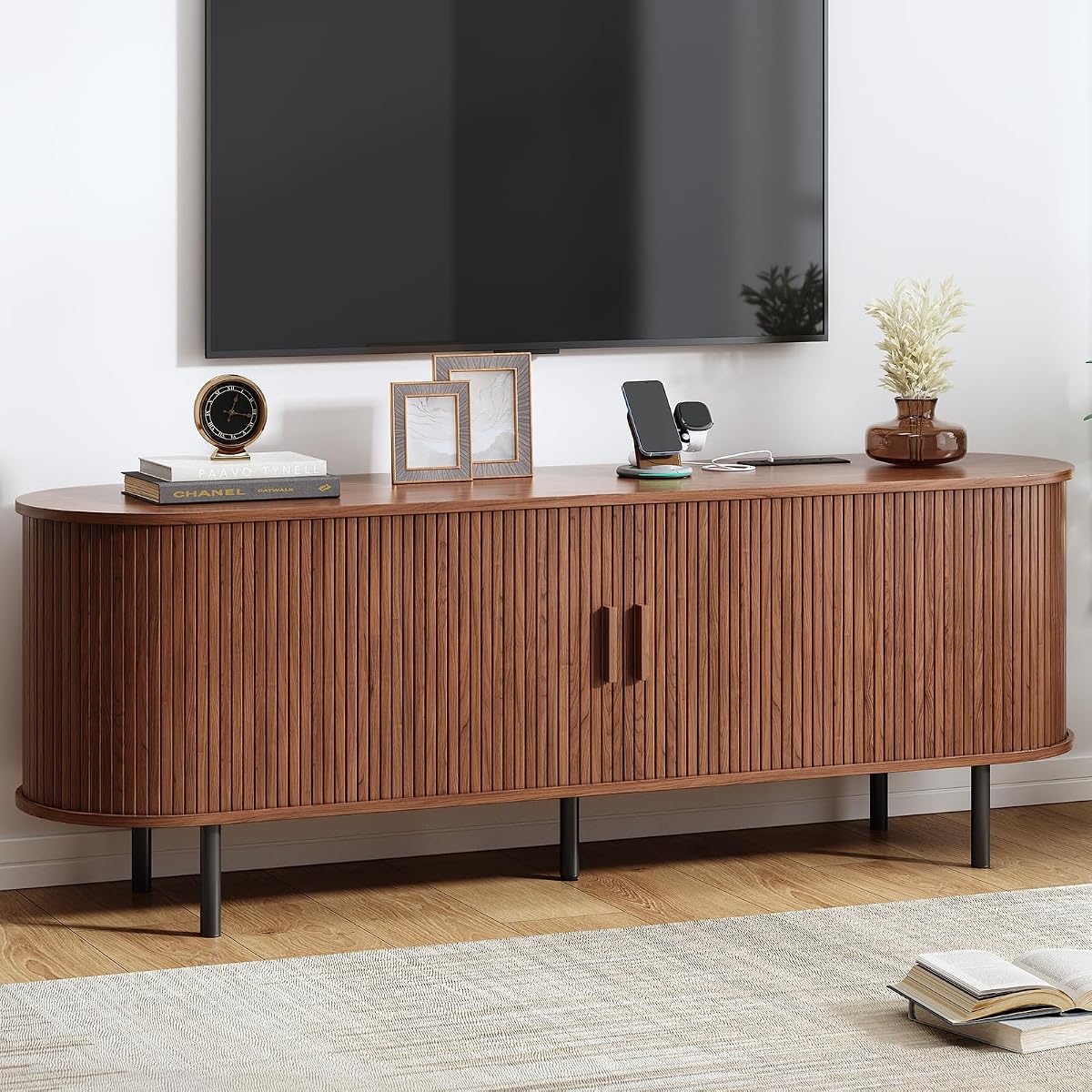 63" Mid Century Modern TV Stand with Sliding Doors for 65" TV