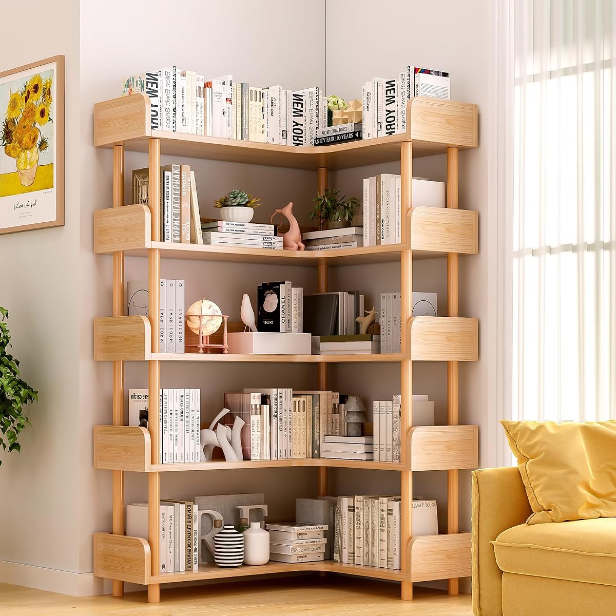 5-Tier Reversible Corner Bookshelf, L-Shaped Shelf, Oak