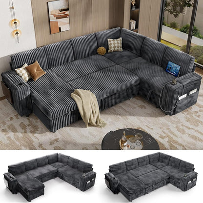 111" Modular Sectional Sleeper Sofa with Pull Out Bed, 7 Seat Plush Corduroy L Shaped Couch with Storage Chaise|USB Ports|Cup Holders|Side Table|Storage Armrests, Tool Free Assembly, Grey