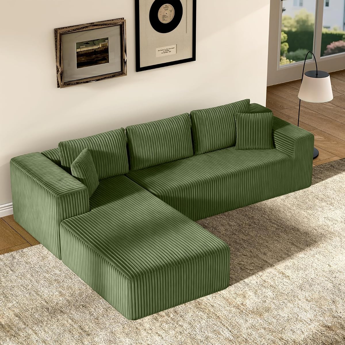 106" Modular Sectional Sofa, Green Corduroy Cloud Couch with Right Chaise, Deep Seat Boneless Floor Sofa for Living Room, High-Resilience Foam Support, No Assembly Required, Includes Pillows | Sectional Sofa