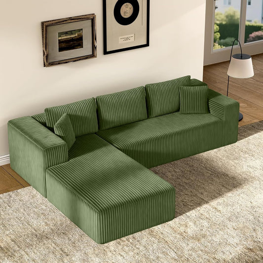 106" Modular Sectional Sofa, Green Corduroy Cloud Couch with Right Chaise, Deep Seat Boneless Floor Sofa for Living Room, High-Resilience Foam Support, No Assembly Required, Includes Pillows | Sectional Sofa