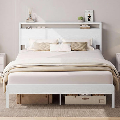 Full Size Bed Frame with 2-Tier Storage Shelf Headboard