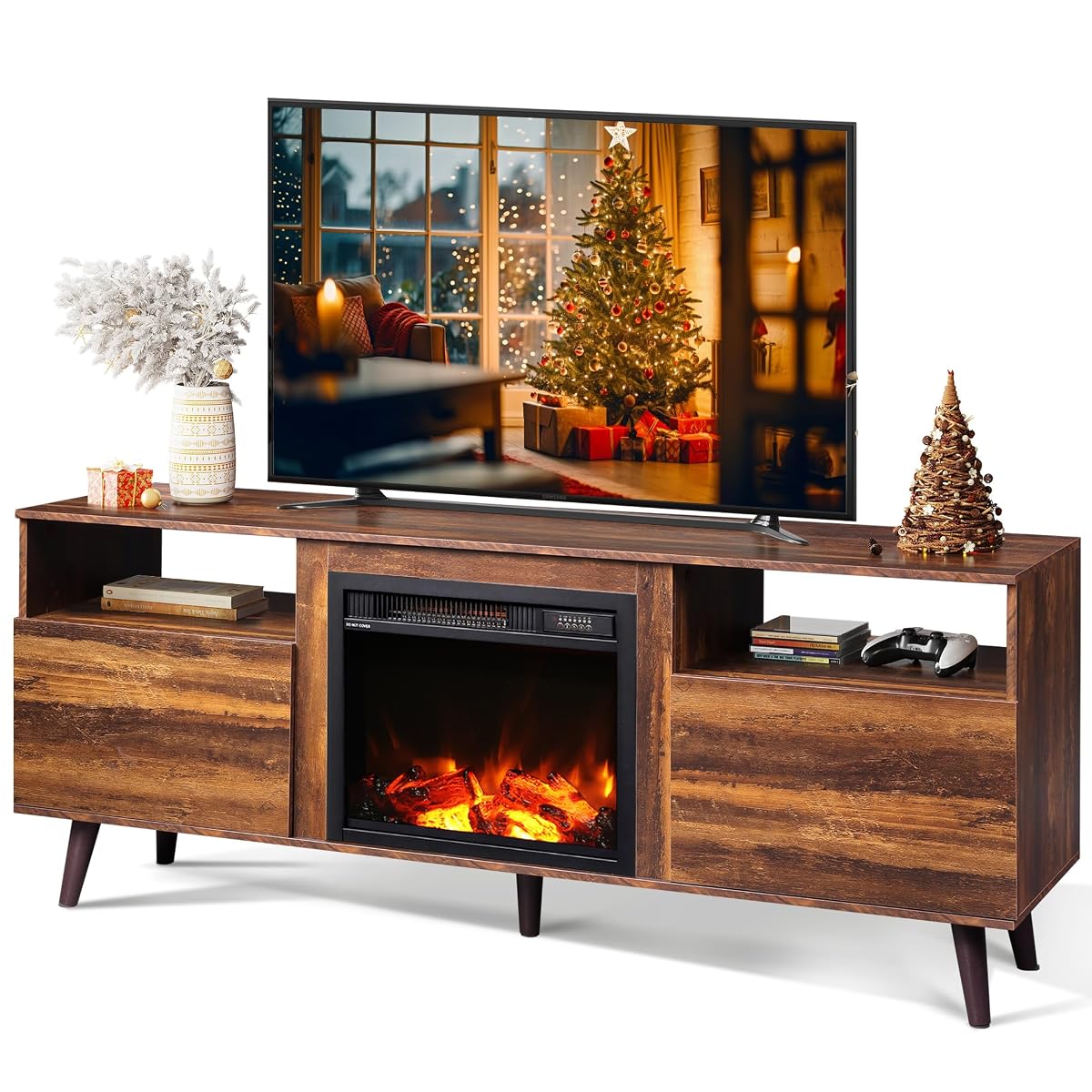 Fireplace TV Stand for 55/65 Inch TV, Storage Cabinets, Brown