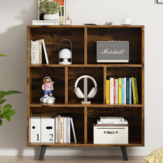 7 Cube Bookshelf, 3 Tier Mid-Century Modern Bookcase with Legs, Wooden Bookshelf Storage Organizer Display Bookcase for Bedroom, Living Room, Office, Rustic Brown