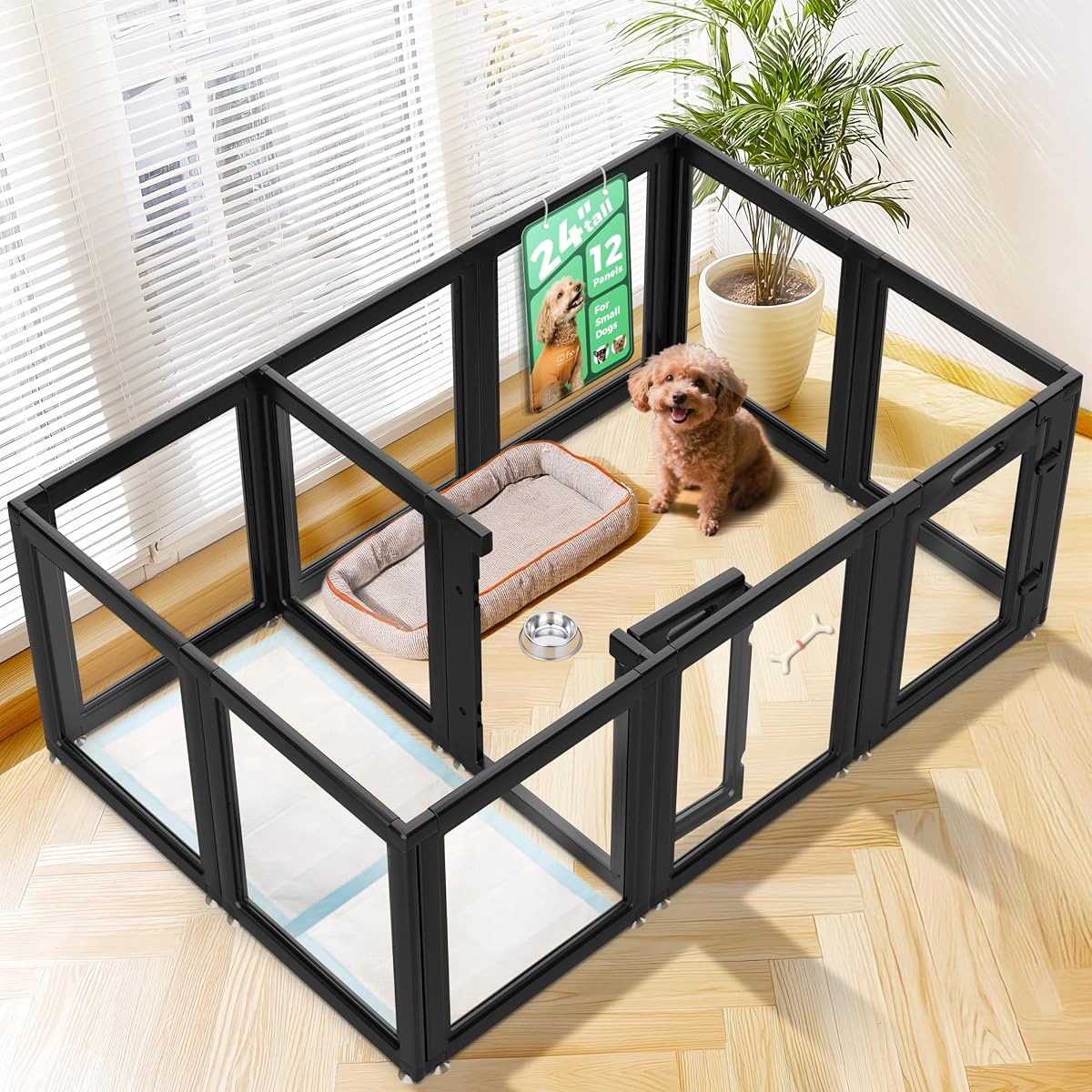 AuraSpace Clear Acrylic Indoor Dog Playpen, 24" H, 12 Panels, Black
