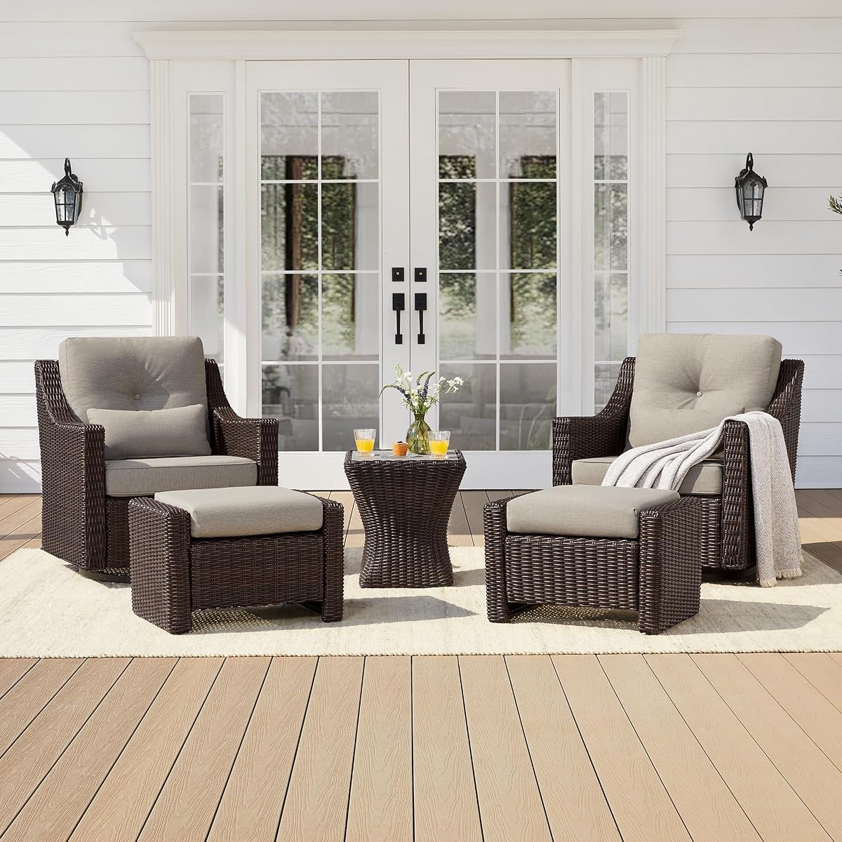 CHITA 5 Pieces Swivel Wicker Patio Furniture Set, Outdoor Conversation Set | 2 Rocking Swivel Chairs, 2 Ottomans, 1 Side Table, All-weather Resin Wicker, E-coated Steel, 5.1-in Cushion, Olefin Covers