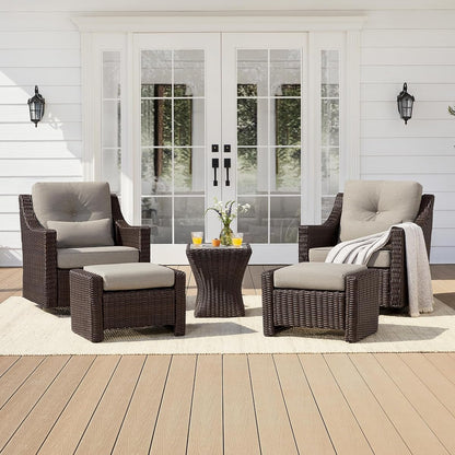 CHITA 5 Pieces Swivel Wicker Patio Furniture Set, Outdoor Conversation Set | 2 Rocking Swivel Chairs, 2 Ottomans, 1 Side Table, All-weather Resin Wicker, E-coated Steel, 5.1-in Cushion, Olefin Covers