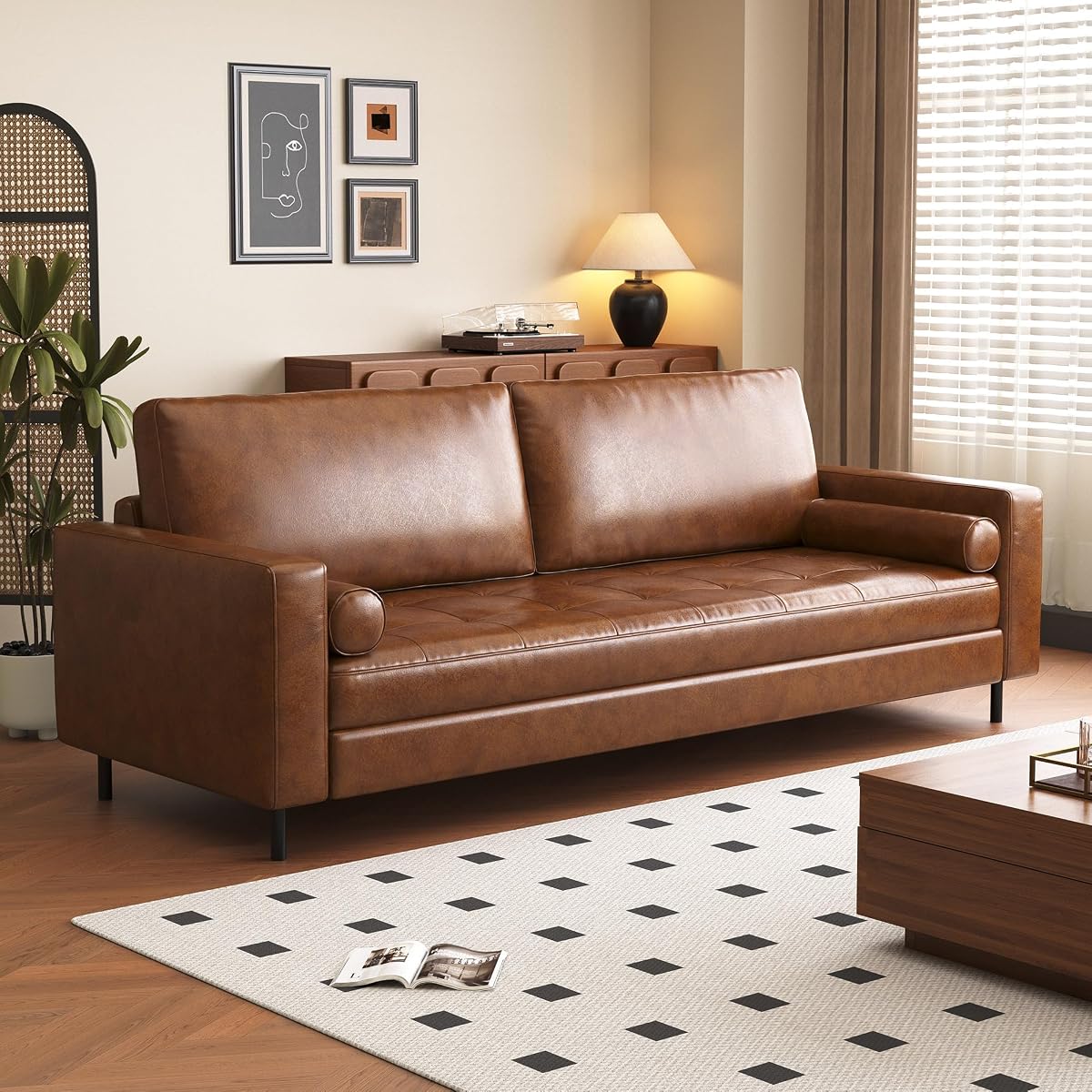 80.31" Mid-Century Modern Faux Leather 3-Seater Sofa Couch, with Sturdy Metal Legs & Solid Wood Frame, for Living Room & Apartment, Brown