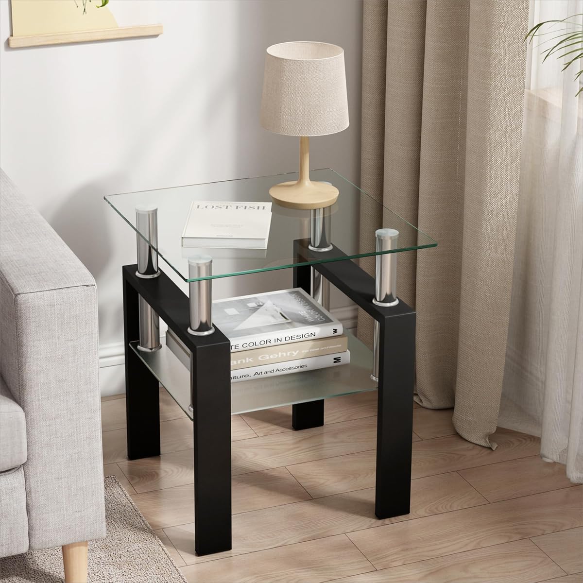 Glass Side Table 2-Tier Modern Glass Top Corner Table Living Room Square Side Table with Metal Leg for Living Room, Dining Room, Bedroom (1, Clear)