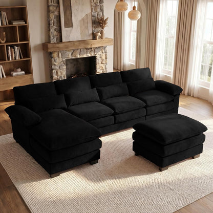 113" U Shaped Sectional Black Couch with Ottoman, Cloud Chenille Sofa | Oversized Deep seat modular U shaped sofa with plush cushions, perfect for family rooms, living rooms and movie nights