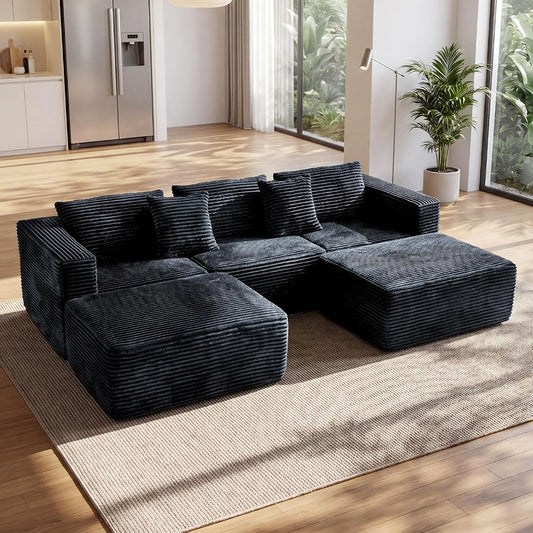 110" Modular Sectional Boneless Sofa with 2 Ottomans, U Shaped Cloud Couch for Living Room, Deep Seat Corduroy Floor Sofa, No Assembly Required, Compressed Couch, 5 Seat, Grey
