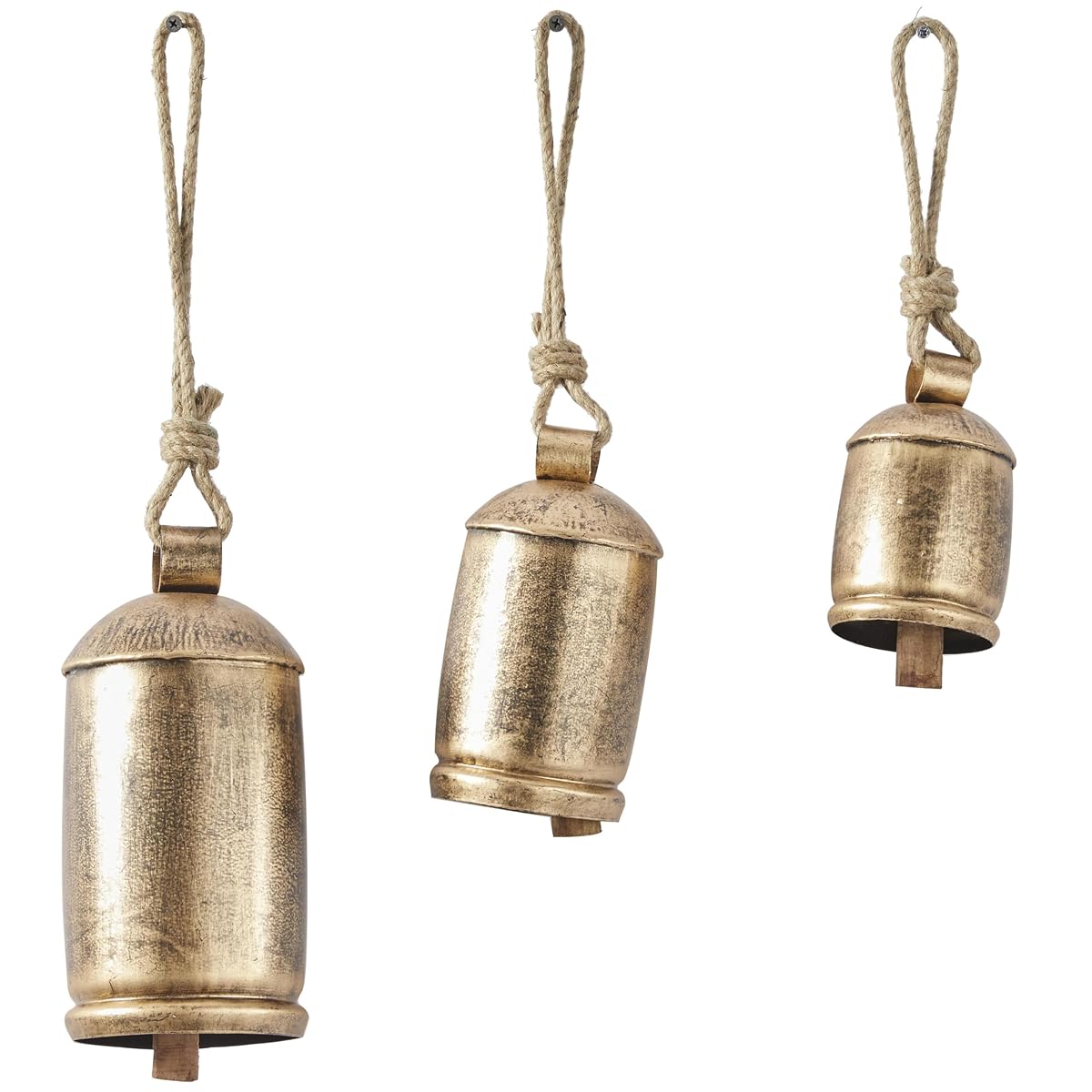 Deco 79 Metal Cow Bells, Meditation Bell, Set of 3, 10", 7", 5"H, Gold Gold | Indoor metal art Tibetan inspired decorative cow bells with jute hanging rope, living room wall decor