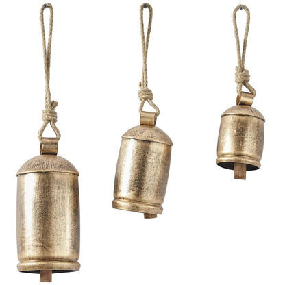 Deco 79 Metal Cow Bells, Meditation Bell, Set of 3, 10", 7", 5"H, Gold Gold | Indoor metal art Tibetan inspired decorative cow bells with jute hanging rope, living room wall decor