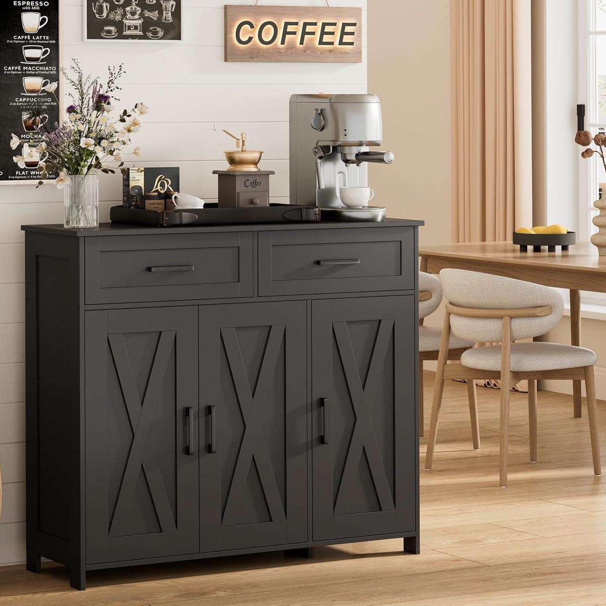 Sideboard Buffet Cabinet, Coffee Bar Storage Cabinet with Drawers and Doors, Farmhouse Kitchen Cabinet with Adjustable Shelves, for Kitchen, Dining Room, Living Room, Black