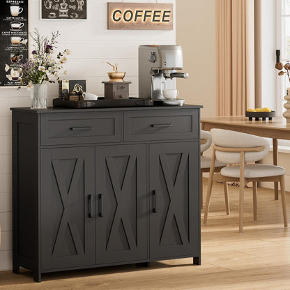 Sideboard Buffet Cabinet, Coffee Bar Storage Cabinet with Drawers and Doors, Farmhouse Kitchen Cabinet with Adjustable Shelves, for Kitchen, Dining Room, Living Room, Black
