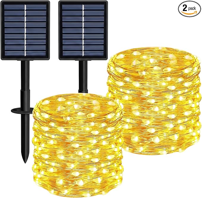 Solar String Lights 2 Pack Total 66FT 200LED Solar Fairy Lights Outdoor Waterproof 8 Lighting Modes Twinkle Lights for Patio, Garden Yard Party Wedding Tree Christmas Halloween Decoration, Warm White