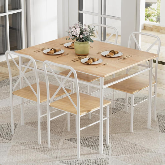 Dining Table Set for 4, 5-Piece Wood Kitchen Table with Chairs for Small Space, Breakfast Nook, Space-Saving, Natural White