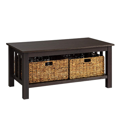 Alayna Mission Style Two Tier Coffee Table with Rattan Storage Baskets, 40 Inch, Espresso