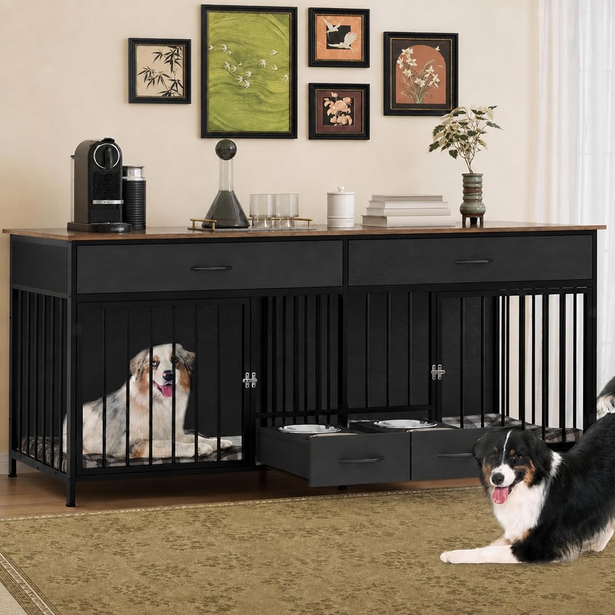 74.8" Dog Crate Furniture with Dog Feeder for 2 Small Medium Dog