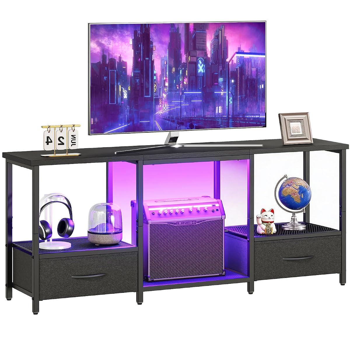 LED TV Stand with Storage, LED Entertainment Center with Open Shelves and Drawer
