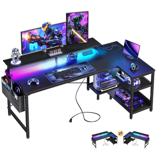 58 Inch L Shaped Gaming Desk with LED Lights, Power Outlets, Black