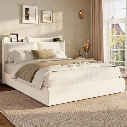 Chenille Fabric Full Size Bed Frame with Recessed Shelf- Beige