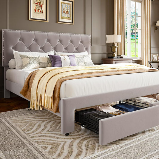 Full Size Velvet Upholstered Bed Frame, 2 Storage Drawers with Smooth Casters