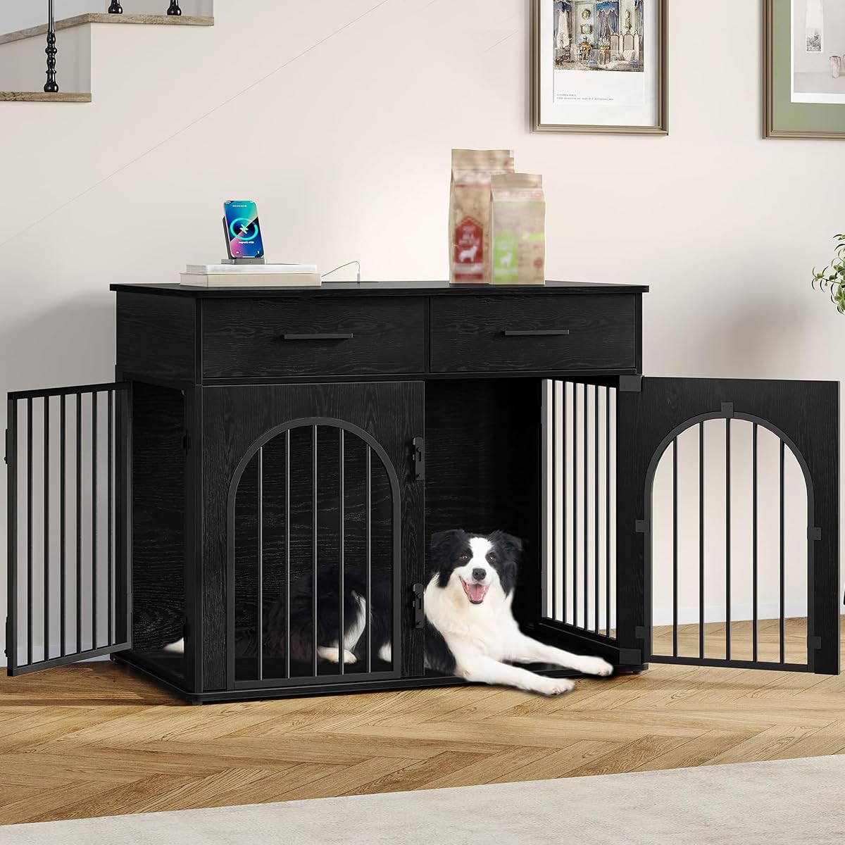39.4'' Dog Crate Furniture with Storage & Power Indoor Dog Kennel