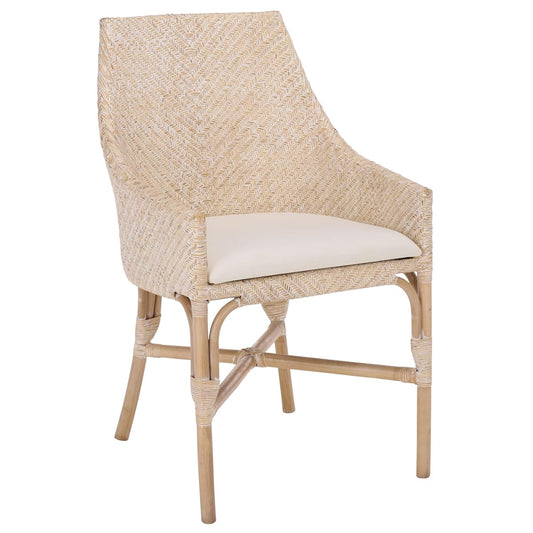 SAFAVIEH Home Collection – Rikan White Washed Rattan Arm Chair with Ivory Seat Cushion, Modern Curved Silhouette, Fully Assembled (ACH4907A)