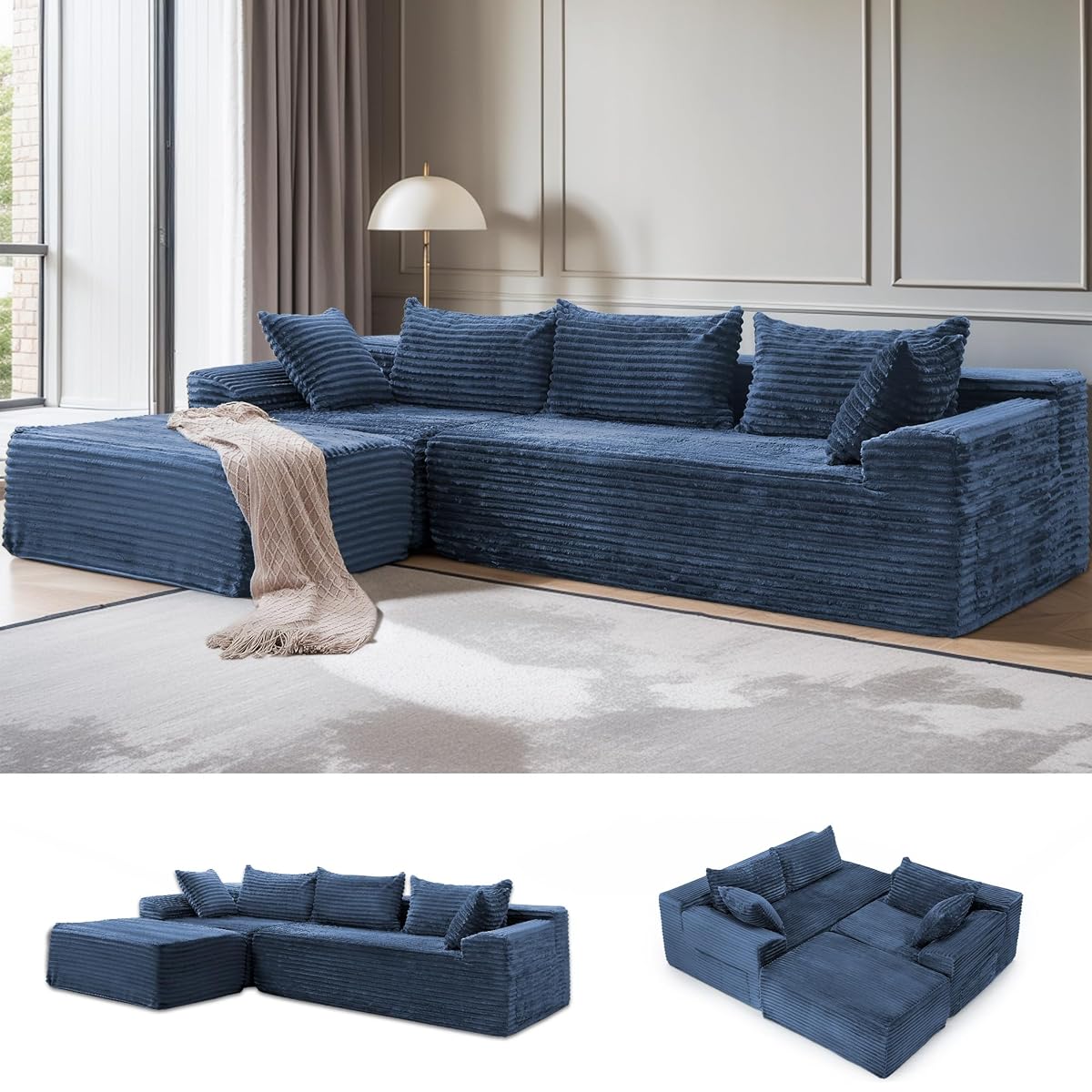 108" L-Shaped Modular Sectional Sofa with Chaise, Boneless Comfy Corduroy Fluffy Couch with Deep Seat and Side Pockets, Flexible Module Combination for Living Room, No Assembly, Side Pockets