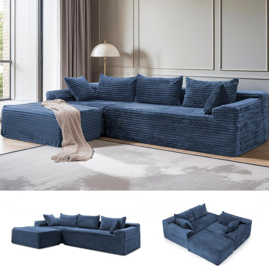 108" L-Shaped Modular Sectional Sofa with Chaise, Boneless Comfy Corduroy Fluffy Couch with Deep Seat and Side Pockets, Flexible Module Combination for Living Room, No Assembly, Side Pockets