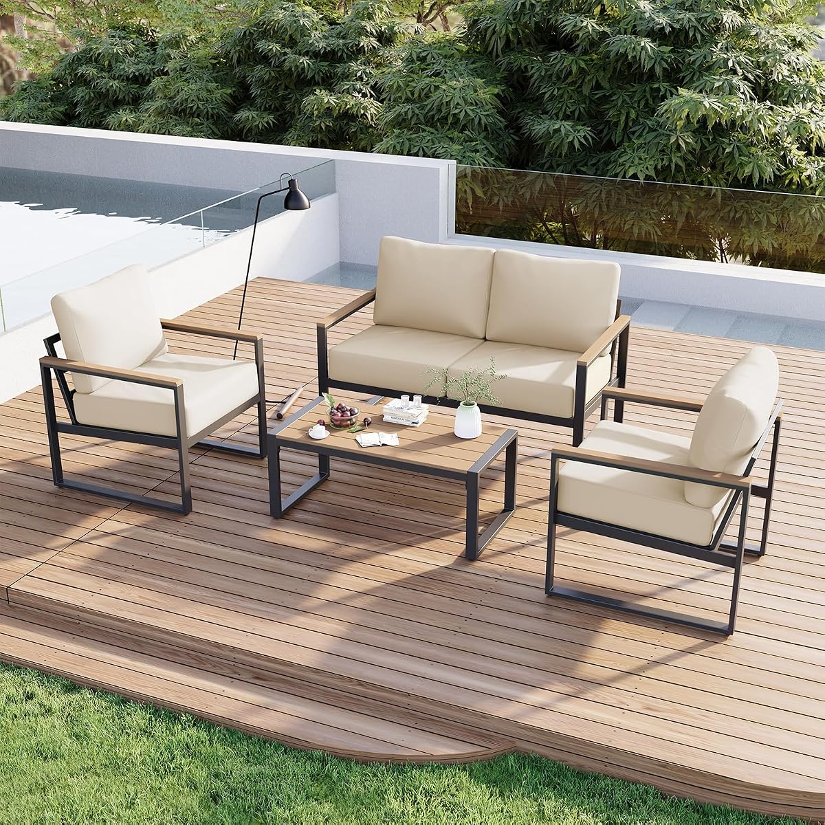 Patio Furniture Set, 4 Piece Outdoor Patio Furniture with Thick Cushions, Modern Metal Outdoor Conversation Sets with Coffee Table for Porch, Balcony, Deck Beige