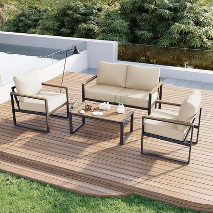 Patio Furniture Set, 4 Piece Outdoor Patio Furniture with Thick Cushions, Modern Metal Outdoor Conversation Sets with Coffee Table for Porch, Balcony, Deck Beige