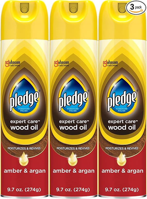 Pledge Moisturizing Wood Oil, Furniture Reviving & Protecting Conditioner and Dusting Spray, Revitalizes Wood, Sealed Leather & Laminate, Made with Mineral Oils - Amber & Argan Scent, 9.7oz, Pack of 3