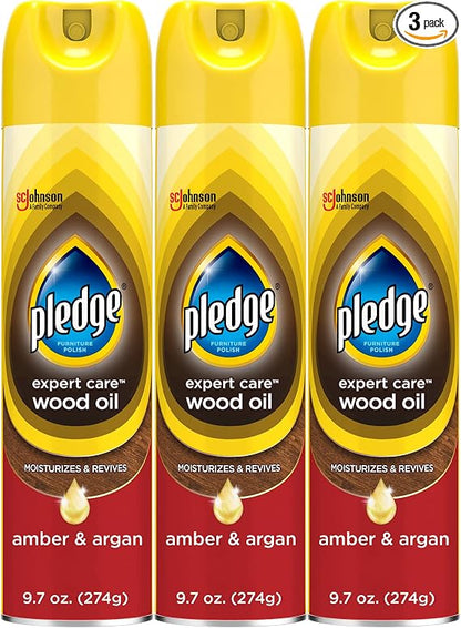 Pledge Moisturizing Wood Oil, Furniture Reviving & Protecting Conditioner and Dusting Spray, Revitalizes Wood, Sealed Leather & Laminate, Made with Mineral Oils - Amber & Argan Scent, 9.7oz, Pack of 3
