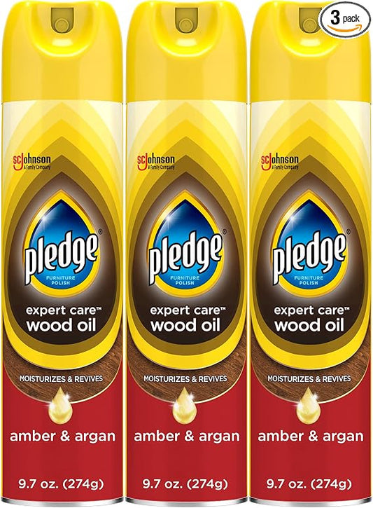 Pledge Moisturizing Wood Oil, Furniture Reviving & Protecting Conditioner and Dusting Spray, Revitalizes Wood, Sealed Leather & Laminate, Made with Mineral Oils - Amber & Argan Scent, 9.7oz, Pack of 3