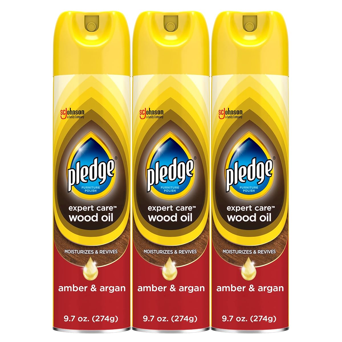 Pledge Moisturizing Wood Oil, Furniture Reviving & Protecting Conditioner and Dusting Spray, Revitalizes Wood, Sealed Leather & Laminate, Made with Mineral Oils - Amber & Argan Scent, 9.7oz, Pack of 3
