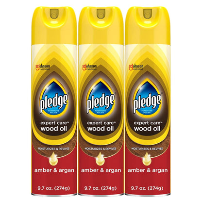 Pledge Moisturizing Wood Oil, Furniture Reviving & Protecting Conditioner and Dusting Spray, Revitalizes Wood, Sealed Leather & Laminate, Made with Mineral Oils - Amber & Argan Scent, 9.7oz, Pack of 3