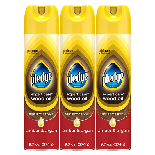 Pledge Moisturizing Wood Oil, Furniture Reviving & Protecting Conditioner and Dusting Spray, Revitalizes Wood, Sealed Leather & Laminate, Made with Mineral Oils - Amber & Argan Scent, 9.7oz, Pack of 3