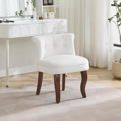 Velvet Vanity Chair with Back, Tufted Upholstered Vanity Stool with Solid Wood Legs, Mid Century Small Makeup Chair for Vanity, Accent Chair for Bedroom, Living Room, White