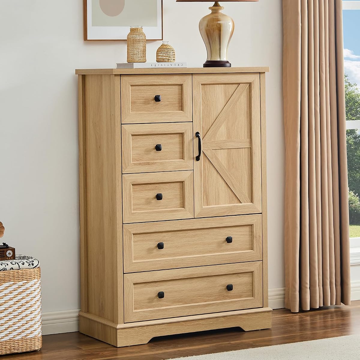 Farmhouse Dresser for Bedroom, Tall Chest of Drawers, Natural Oak