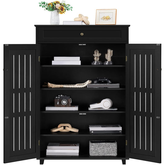 Yaheetech Storage Cabinet Floor Storage Organizer Wooden Cabinet with Drawer 2 Doors for Entryway Living Room Furniture Black