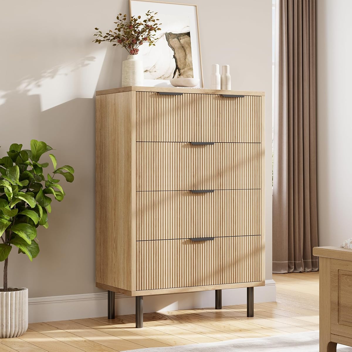 Fluted 5-Drawer Dresser with Metal Legs, Oak