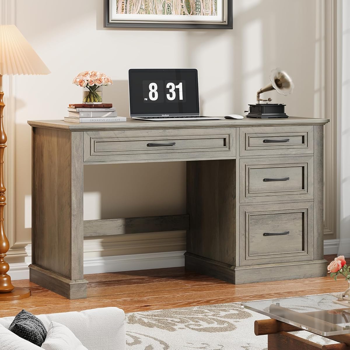 Farmhouse 47" Executive Desk, Computer Desk with Drawers and File Drawer, Workstation Computer Desk with Charging Station for Home Office,Study,（Dark Grey
