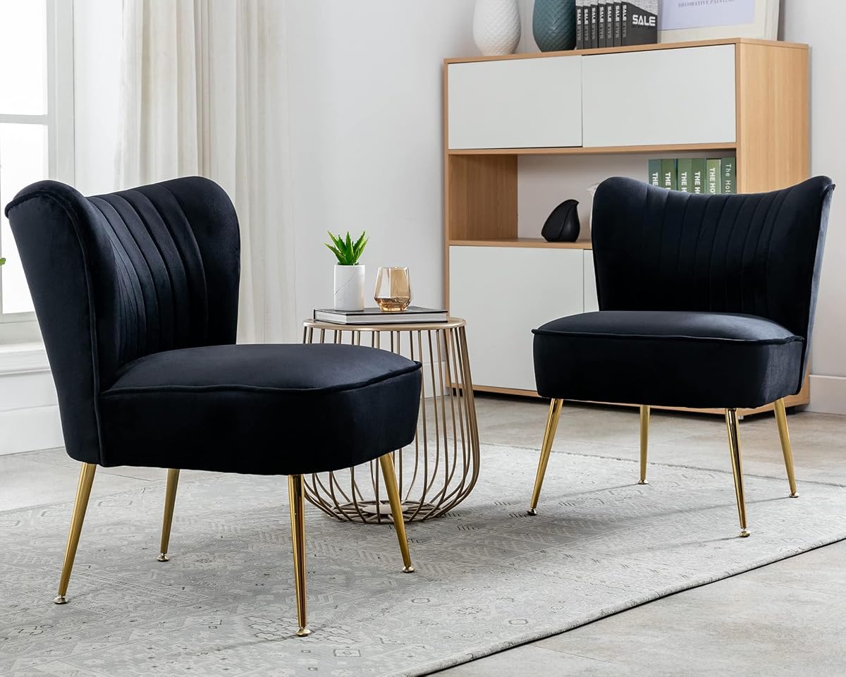 Velvet Accent Chair Set of 2 Comfy Living Room Chair Armless Slipper Chair Mid Century Side Single Sofa Chair with Golden Legs Wingback for Bedroom Guest Room, Black