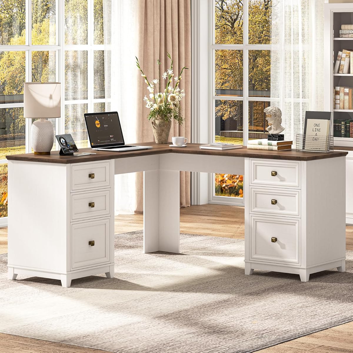 Farmhouse L Shaped Executive Desk with 6 Drawers, 59’’ Wood Home Office Desk with File Cabinet, Writing Corner Computer Desk for Home Office, Work, Study, White and Brown