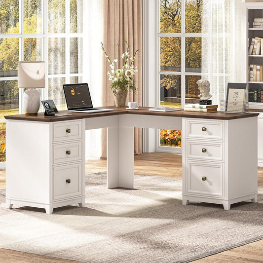 Farmhouse L Shaped Executive Desk with 6 Drawers, 59’’ Wood Home Office Desk with File Cabinet, Writing Corner Computer Desk for Home Office, Work, Study, White and Brown