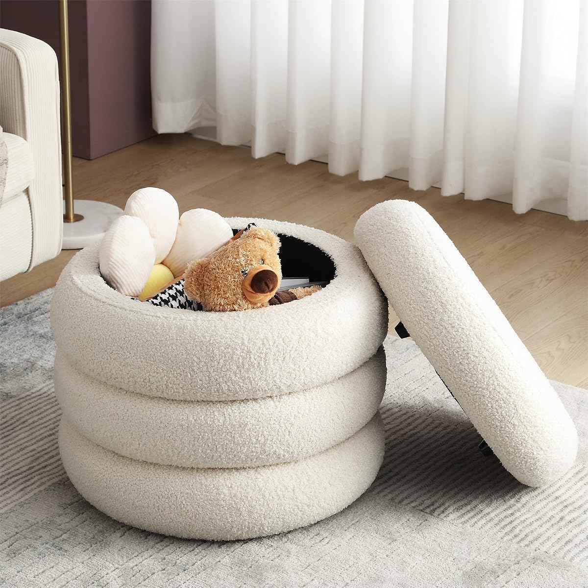 20" Round Storage Ottoman with Removable Lid, Off-White Boucle Fabric Footrest Pouf, Sherpa Tufted Small Coffee Table Vanity Ottoman Foot Stools for Living Room Couch, Bedroom, Dorm, Nursery
